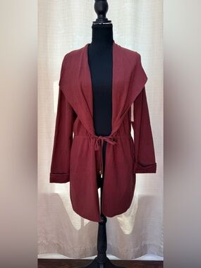 Calligraphie Burgundy Red Shaw Collar Tie Front Cardigan Sz M Career Classic NWT